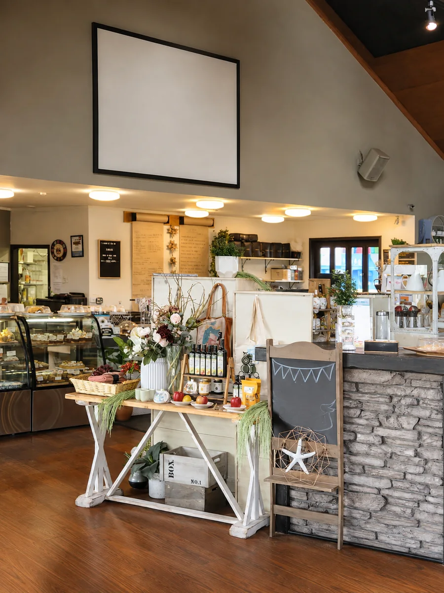 The counter and welcome display inside Nourish Cafe