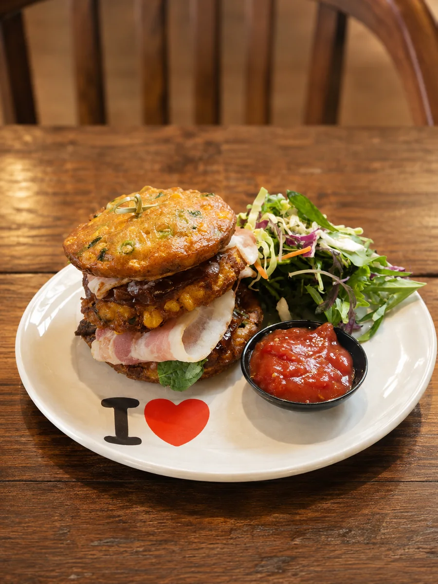 A stacked breakfast sandwich with salad and tomato sauce at Nourish Cafe