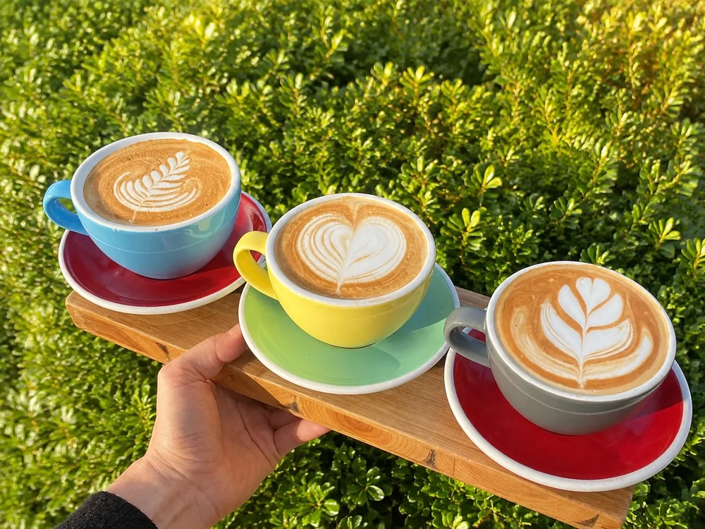 Three coffees carried outside at Nourish Cafe