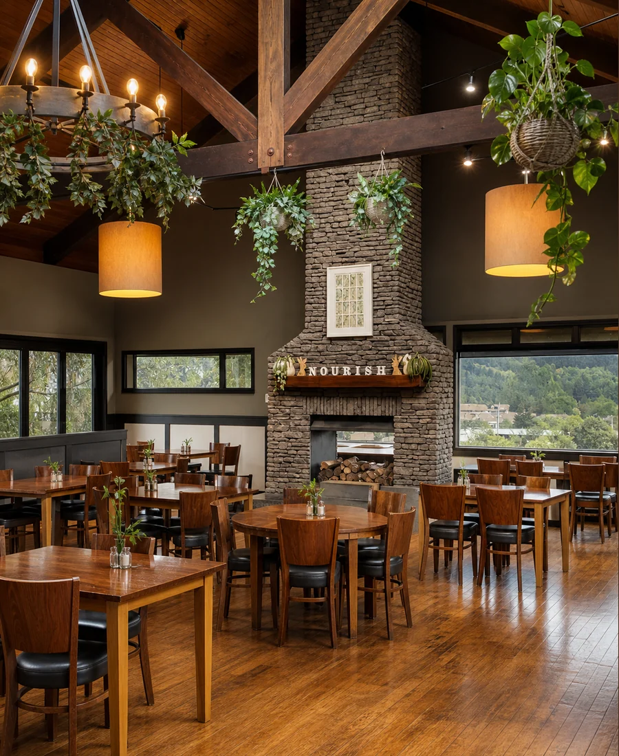 The dining room and stone fireplace inside Nourish Cafe